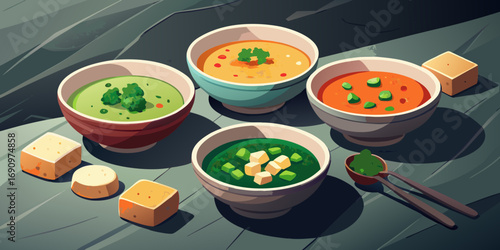 Delicious gourmet Japanese sushi dish with chopsticks on a plate and a bowl of healthy cooked vegetable soup