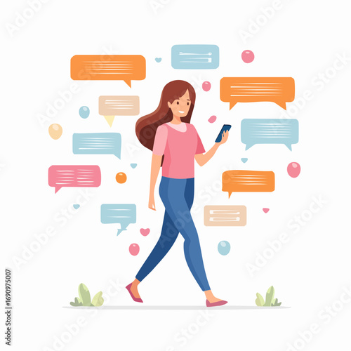Woman Walking and Texting on Phone Surrounded by Message Bubbles, Conceptual Communication