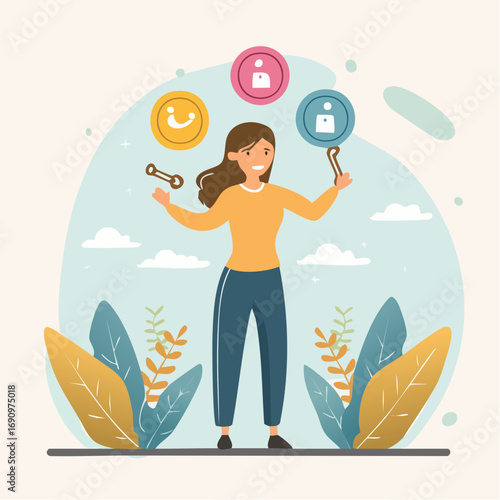 A talented woman skillfully juggles icons representing emotion, people, and solutions, symbolizing multitasking and effective life management
