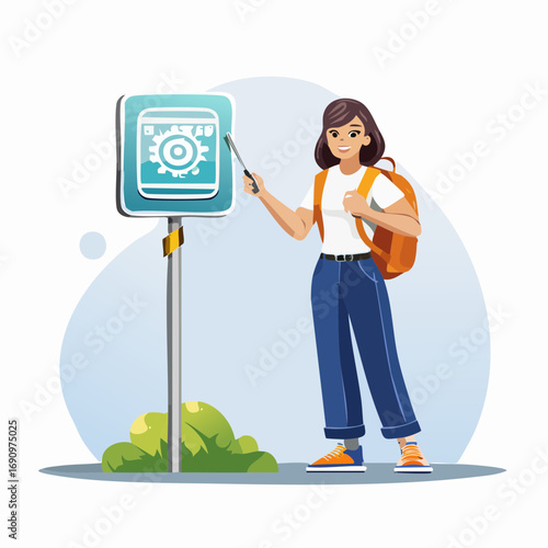 Young Woman Tourist with Backpack Points to a Gear Icon on a Signpost