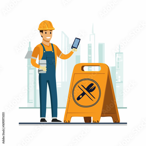 Worker Beside Construction Sign in Urban Setting, Holding Smartphone and Coffee Cup