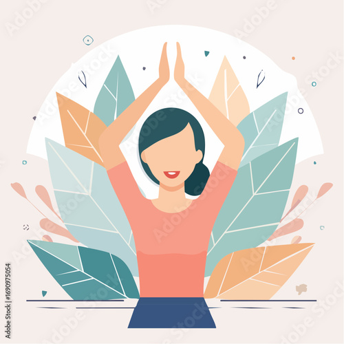 A peaceful illustration of a woman finding her center through a mindful yoga pose, surrounded by gracefully stylized foliage, symbolizing wellness and serene connection with nature