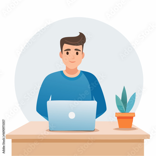 Illustration of a cheerful young man sitting at a desk with a laptop. A concept representing a freelancer, student, or remote employee in a modern workspace