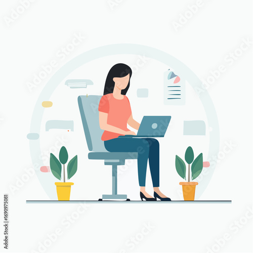 Young woman working on a laptop while sitting in a comfortable office chair, surrounded by plants and a minimalist background