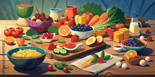 Fresh and healthy gourmet dishes, a festive Easter still life with flowers, fruits, and vegetables on a table