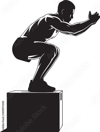 Athletic silhouette of a man performing a dynamic box jump exercise for fitness training