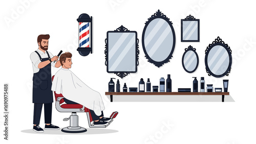 Male barber in a black apron meticulously cutting hair of a seated client wearing a white cape in a vintage barbershop setting with mirrors