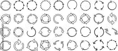 arrow, circle, rotation, refresh, recycle, loop, cycle, circular, symbol, icon, graphic, outline, hand-drawn, set, collection, design element, process, repeat, movement, direction, clockwise, counterc