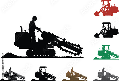 High-Quality Construction Machinery Silhouettes with Excavators and Operators – Heavy Equipment Vector Icons for Industrial, Earthmoving