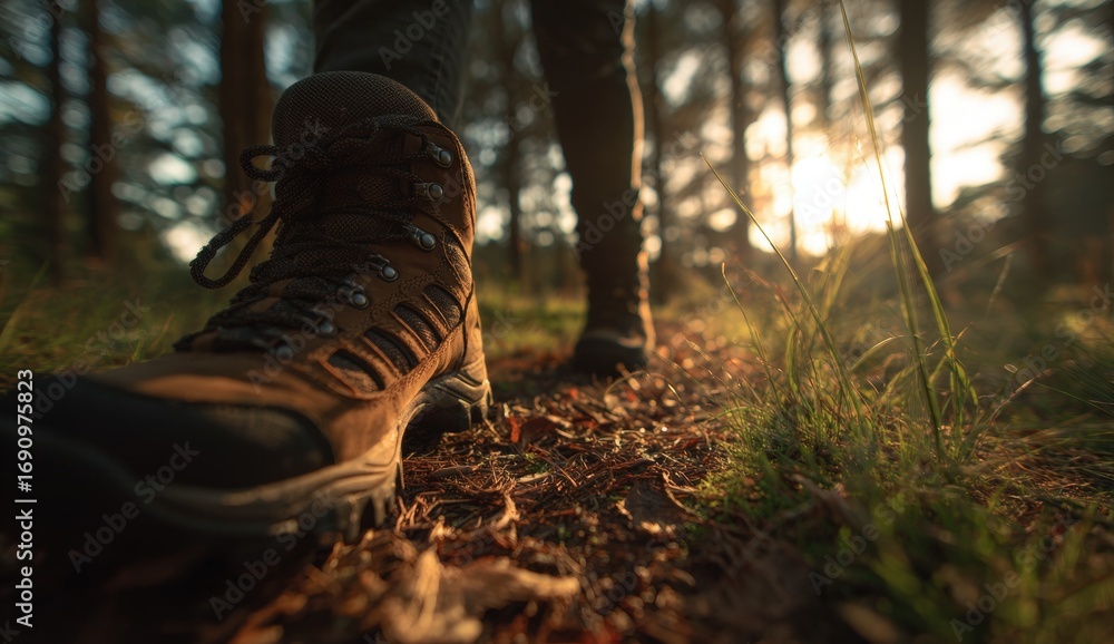 Obraz premium Hiking boots on a forest path at sunset (2)