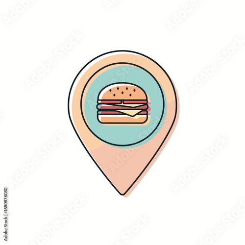 Restaurant locator map pin with a burger icon. A vector symbol for finding fast food.