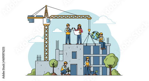 Flat illustration of construction workers with cranes and blueprints building high-rise structures, symbolizing teamwork, sustainable development, architecture, and global urban growth
