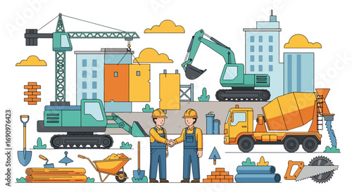 Flat illustration of construction workers shaking hands at a building site with cranes, excavator, cement mixer, and tools, symbolizing teamwork, collaboration, and urban development
