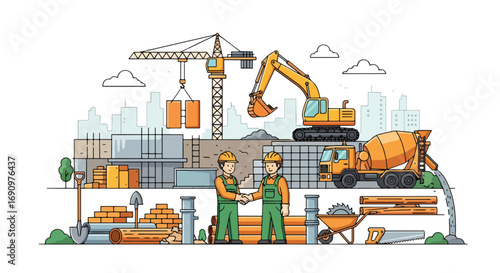 Flat illustration of construction workers shaking hands at a building site with cranes, excavator, cement mixer, and tools, symbolizing teamwork, collaboration, and urban development