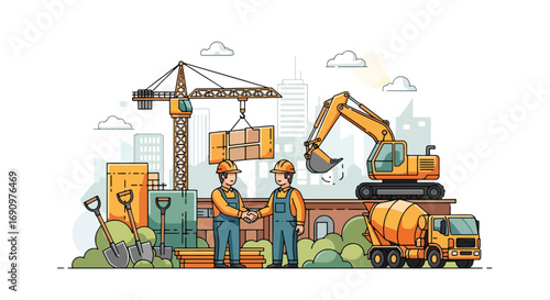 Flat illustration of construction workers shaking hands at a building site with cranes, excavator, cement mixer, and tools, symbolizing teamwork, collaboration, and urban development