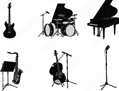 PrintMusic instrument silhouette, electric guitar, drum set, grand piano, cello, saxophone, microphone stand, black vector illustration, concert equipment, jazz icon, sound graphic