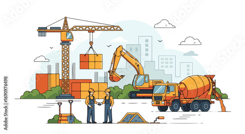 Flat illustration of construction workers shaking hands at a building site with cranes, excavator, cement mixer, and tools, symbolizing teamwork, collaboration, and urban development