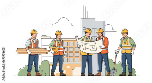 Flat illustration of construction workers and engineers with blueprints, wood, and tools at an urban building site, symbolizing teamwork, planning, and collaboration in modern architecture and develop
