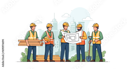 Flat illustration of construction workers and engineers with blueprints, wood, and tools at an urban building site, symbolizing teamwork, planning, and collaboration in modern architecture and develop