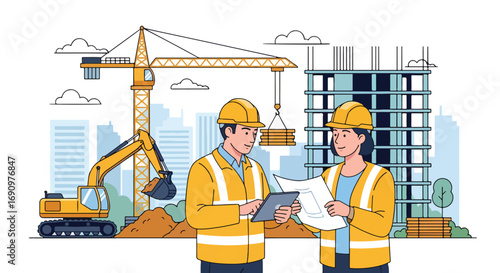 Flat illustration of engineers at a construction site with cranes, excavator, and high-rise building, symbolizing urban development, teamwork, project planning, and modern architecture