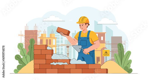 Flat illustration of a construction worker laying bricks with a trowel at a building site, symbolizing labor, craftsmanship, urban development, and the construction industry