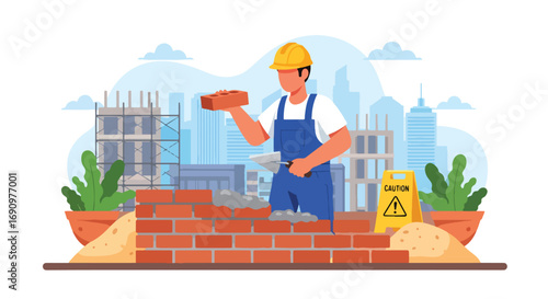 Flat illustration of a construction worker laying bricks with a trowel at a building site, symbolizing labor, craftsmanship, urban development, and the construction industry