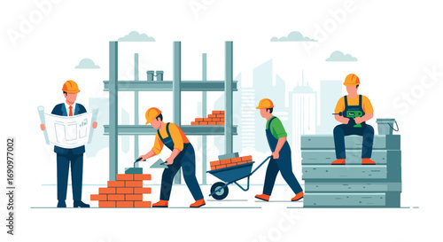 Flat illustration of construction workers and engineer at a building site with bricks, tools, and scaffolding, symbolizing teamwork, architecture, urban development, and project management