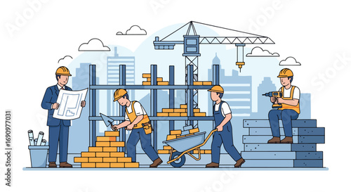 Flat illustration of construction workers and engineer at a building site with bricks, tools, and scaffolding, symbolizing teamwork, architecture, urban development, and project management