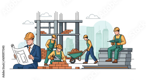 Flat illustration of construction workers and engineer at a building site with bricks, tools, and scaffolding, symbolizing teamwork, architecture, urban development, and project management