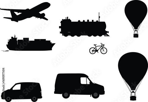 PrintTransportation silhouette vector, airplane, train, ship, car, van, bicycle, hot air balloon, travel icon, black graphic, cargo vehicle