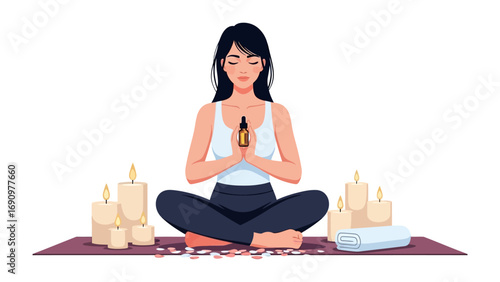 Serene woman meditating in lotus pose holding essential oil bottle with candles and aromatherapy elements for relaxation and wellness