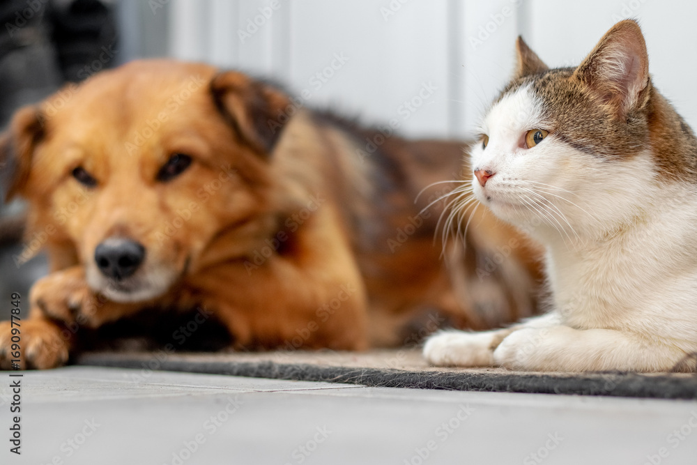 Cat and dog lying together indoors, concept of friendship and peaceful coexistence of pets, cozy atmosphere for illustrations and thematic projects
