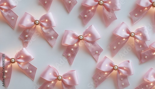 Pastel pink bows with pearls and lights