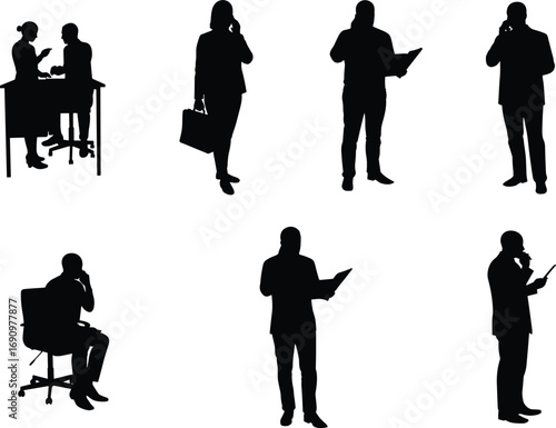 PrintVector illustration of business people communicating, reading, and using devices in various office postures, meetings, and professional workplace activities, modern silhouette style.