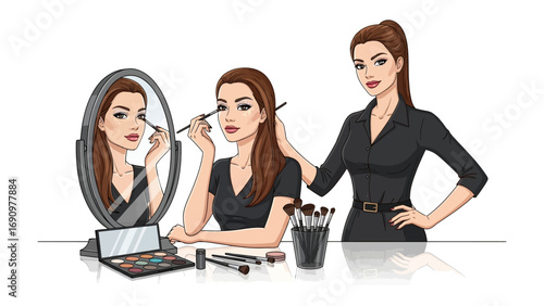 Professional makeup artist applying makeup to a client in front of a mirror with makeup products and brushes on a table