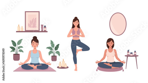 Three diverse women practicing yoga in a serene home setting with plants and decorative elements for wellness and mindfulness