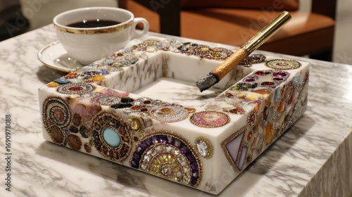 Ornate, decorative, square ashtray, mosaic design, with coffee cup