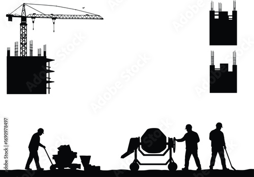 Silhouettes of construction workers with crane and concrete mixer, building site rebar structures, construction process illustrations, civil engineering symbols, labor teamwork icons