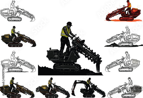 Construction Worker Operating Trencher Machine on Job Site – Heavy Equipment, Industrial Tools, and Safety Gear in Action