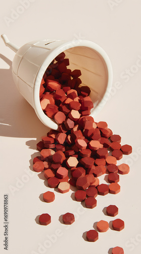 Menstrual cup spilling red shapes symbolizing period blood.