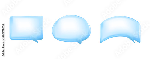Set of glossy blue chat bubbles in different shapes. Transparent water or air bubble style speech balloons isolated on white background.