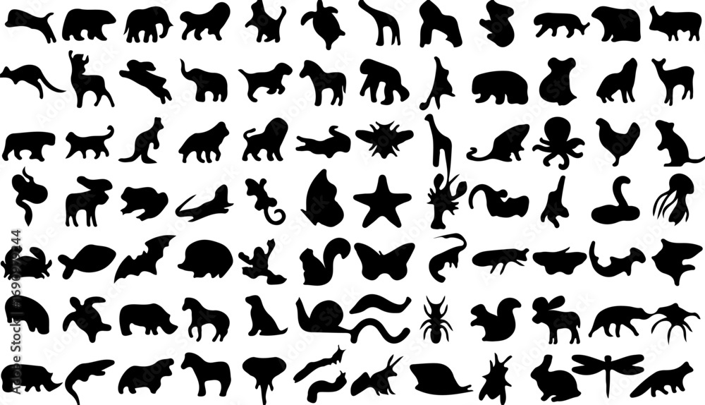 Naklejka premium solid, wildlife, mammals, background., icons, cat, snail, silhouette., zoo, category:, miscellaneous, black, butterfly, reptiles, forms., keywords:, insects, rows, art, dragonfly, fauna, large, descri