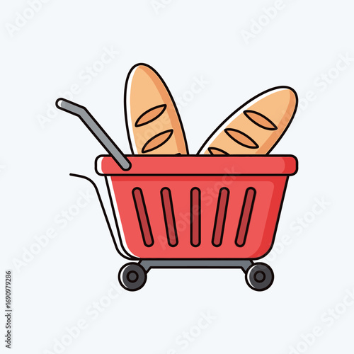 Shopping cart with bread vector icon. A symbol for grocery shopping and bakery goods.