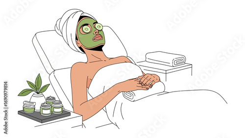 Relaxing woman with green face mask and cucumber slices on eyes enjoys spa treatment while lying on a chair with towels and beauty products