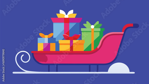 Pink Santa sleigh loaded with vibrant Christmas gift boxes on purple background gifts