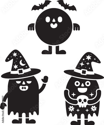 Cute spooky halloween characters icons silhouette for festive decorations and graphics