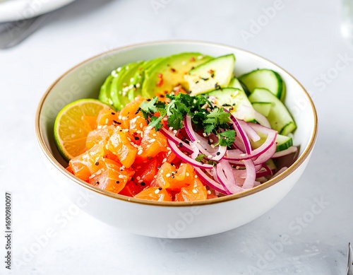 Fresh salmon poke bowl with avocado, cucumber, and red onion