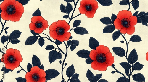 A vibrant floral pattern showcases delicate red blossoms and dark leaves, creating a captivating design on a pale cream background.