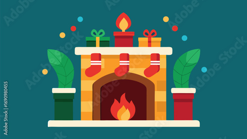 Christmas Fireplace with Gifts, Stockings, Candle and Plants socks