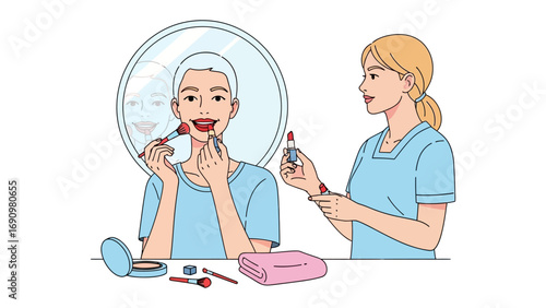 Young woman applying lipstick in a mirror while another woman holds makeup brushes and a compact for beauty preparation